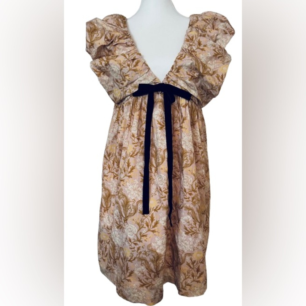 NWT O.P.T. Dress Floral Peach Brown White Large Boho Tea Bow New Paisley Pink